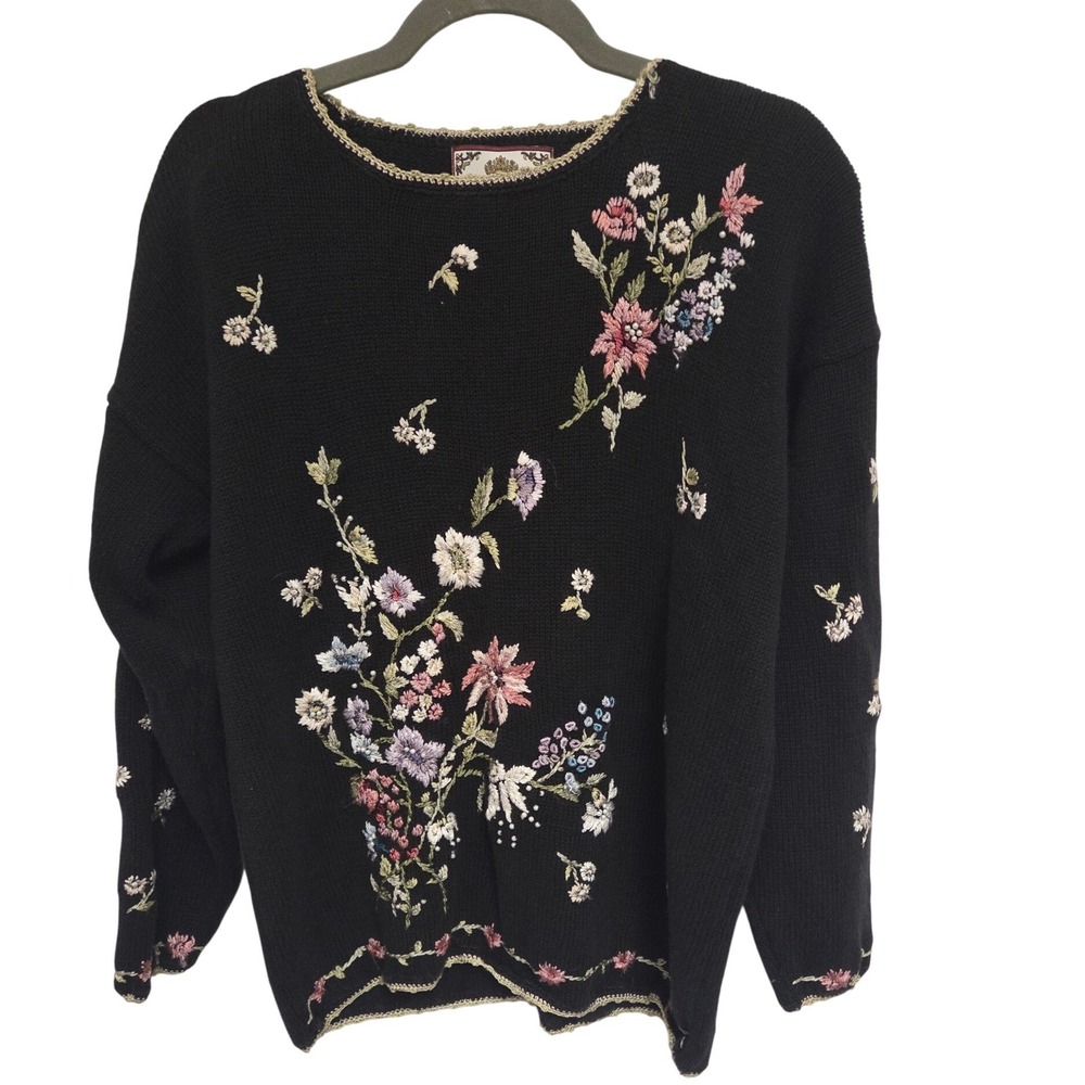 Tiara International Vintage Floral Embroidered Beaded Sweater Black Womens L